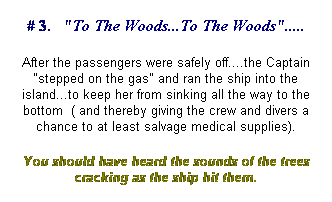 Text Box: # 3.   "To The Woods...To The Woods".....
After the passengers were safely off....the Captain "stepped on the gas" and ran the ship into the island...to keep her from sinking all the way to the bottom  ( and thereby giving the crew and divers a chance to at least salvage medical supplies). 
You should have heard the sounds of the trees cracking as the ship hit them.
